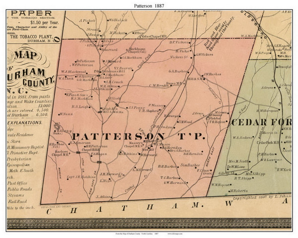 Patterson Township, North Carolina 1887 Old Town Map Custom Print - Durham Co