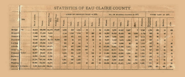 County Statistics, Wisconsin 1878 Old Town Map Custom Print - Eau Claire Co.