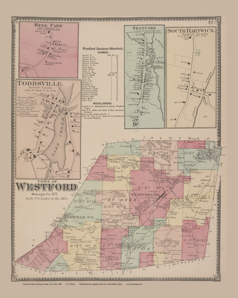 Westford, Hyde Park, Toddsville #27, New York 1868 Old Map Reprint - Otsego Co. Westford, Hyde Park, Toddsville #27, New York 1868 Old Map Reprint - Otsego Co.