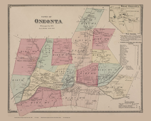 Oneonta #42, New York 1868 Old Map Reprint - Otsego Co.