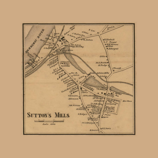 Sutton Mills Village - North Andover Massachusetts 1856 Old Town Map Custom Print - Essex Co.