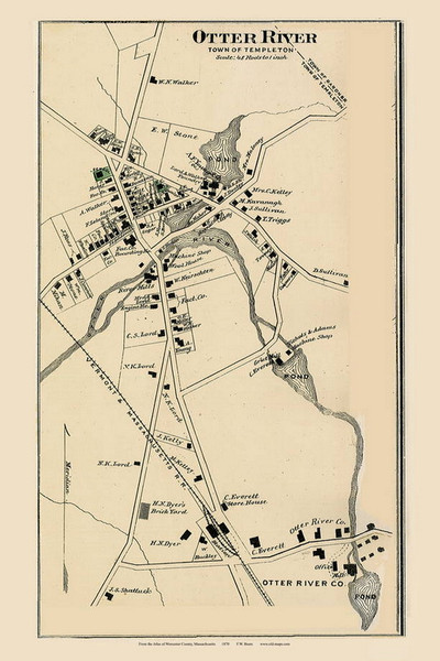 Otter River, Massachusetts 1870 Old Map Reprint - Worcester Co. Atlas 16a