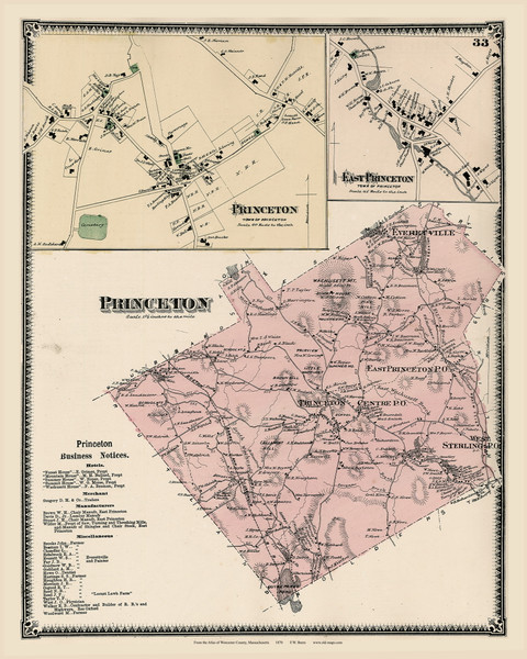 Princeton Town, Princeton and East Princeton Villages, Massachusetts 1870 Old Map Reprint - Worcester Co. Atlas 33