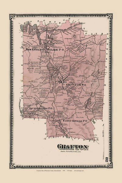 Grafton Town, Massachusetts 1870 Old Map Reprint - Worcester Co. Atlas 82a
