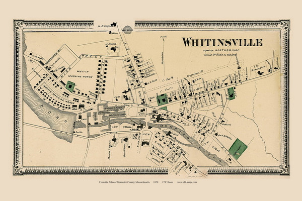 Whitinsville, Massachusetts 1870 Old Map Reprint - Worcester Co. Atlas 84a