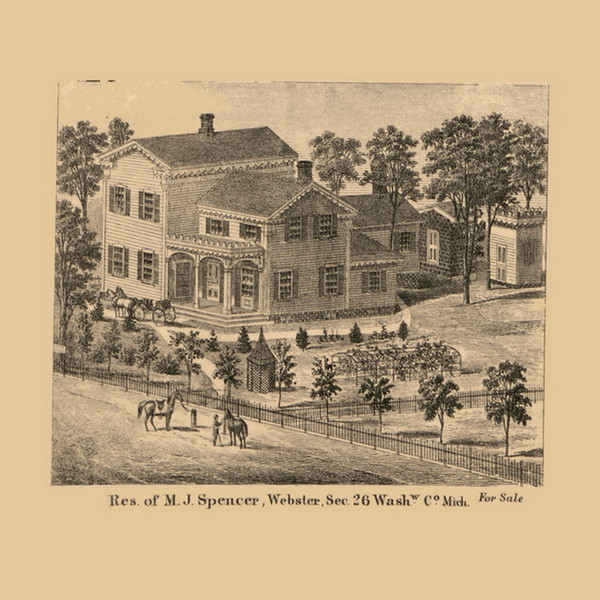 MJ Spencer Residence, Webster, Michigan 1864 Old Town Map Custom Print - Washtenaw Co