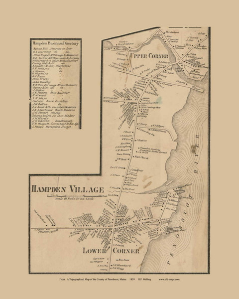 Hampden Village (Custom Edit) - Hampden Maine 1859 - Old Town Map Custom Print - Penobscot Co.