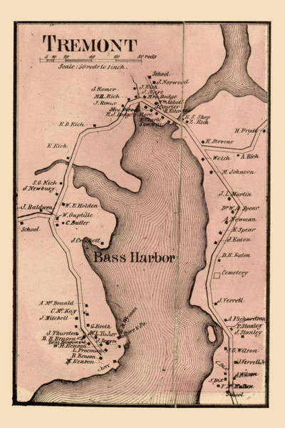 Tremont Village, Maine 1860 Old Town Map Custom Print - Hancock Co.