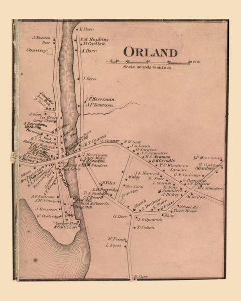 Orland Village, Maine 1860 Old Town Map Custom Print - Hancock Co. Orland Village, Maine 1860 Old Town Map Custom Print - Hancock Co.