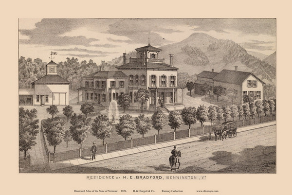 Residence of H. E. Bradford, Bennington 1876- from the Burgett & Co Vermont State Atlas - Old Map Reprint 5a