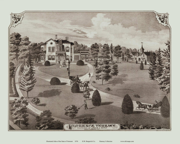 Florence Terrace, Residence of Julius J. Estey, Brattleboro 1876- from the Burgett & Co Vermont State Atlas - Old Map Reprint 10