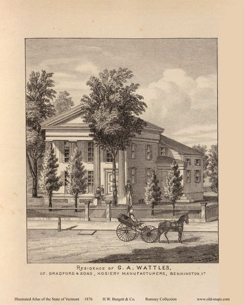 Residence of G. A. Wattles, Bennington 1876- from the Burgett & Co Vermont State Atlas - Old Map Reprint 14a