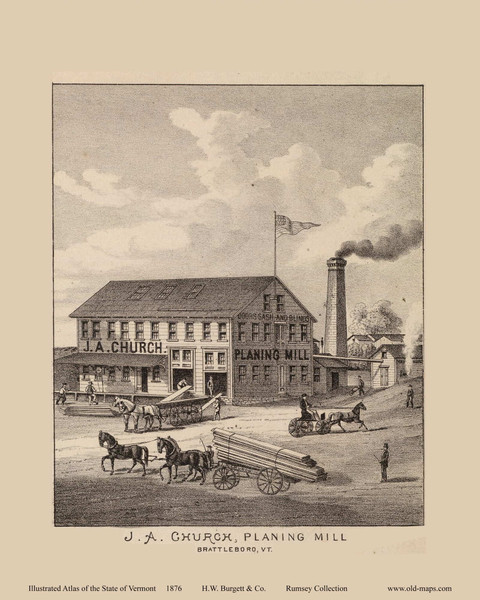 J. A. Church, Planning Mill, Brattleboro 1876- from the Burgett & Co Vermont State Atlas - Old Map Reprint 14b