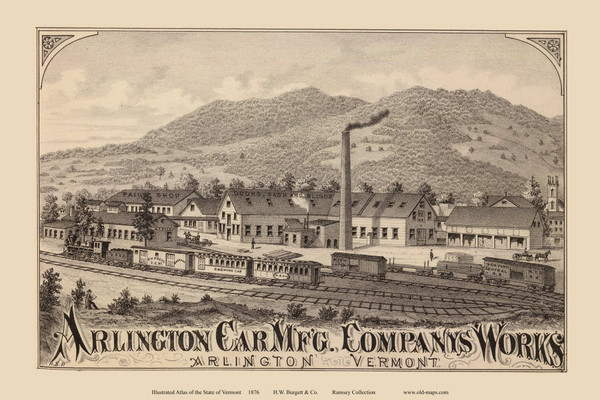 Arlington Car Mfg. Companys Works, Arlington 1876- from the Burgett & Co Vermont State Atlas - Old Map Reprint 19b