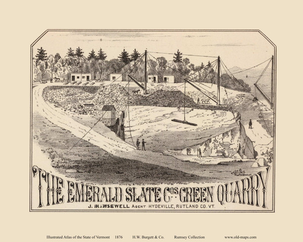Emerald Slate Cos. Green Quarry, Hydeville 1876- from the Burgett & Co Vermont State Atlas - Old Map Reprint 31b