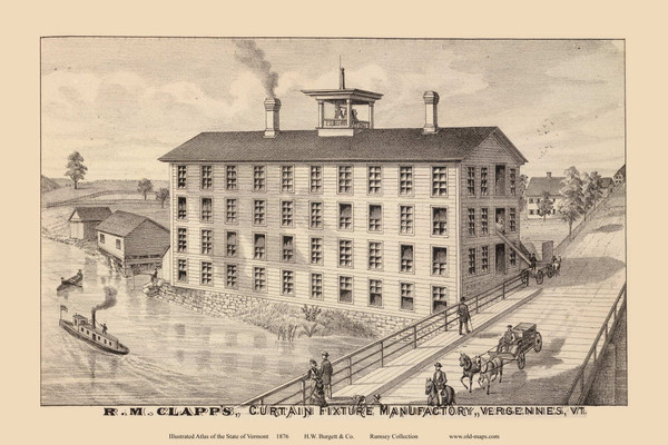 R. M. Clapps Curtain Fixture Manufactory, Vergennes 1876- from the Burgett & Co Vermont State Atlas - Old Map Reprint 32a R. M. Clapps Curtain Fixture Manufactory, Vergennes 1876- from the Burgett & Co Vermont State Atlas - Old Map Reprint 32a
