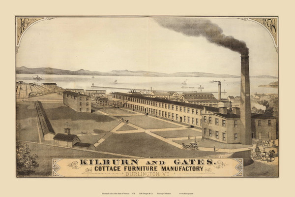 Kilburn & Gates Cottage Furniture Manufactory, Burlington 1876- from the Burgett & Co Vermont State Atlas - Old Map Reprint 41