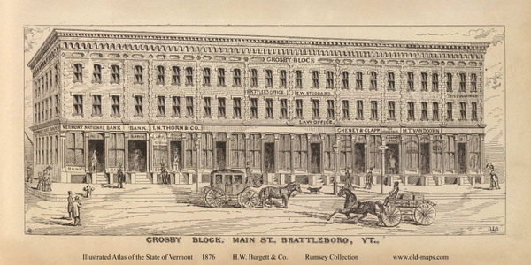 Crosby Block, Brattleboro 1876- from the Burgett & Co Vermont State Atlas - Old Map Reprint 52c
