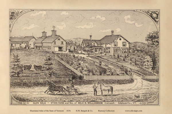 Glen Dale Stock Farm & Residence of Milo B. Williamson, Cornwall 1876- from the Burgett & Co Vermont State Atlas - Old Map Reprint 71b