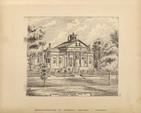 Residence of Mrs. E. E. Marsh, Brandon 1876- from the Burgett & Co Vermont State Atlas - Old Map Reprint 76 Residence of Mrs. E. E. Marsh, Brandon 1876- from the Burgett & Co Vermont State Atlas - Old Map Reprint 76