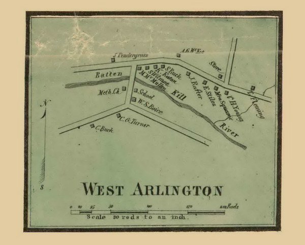 West Arlington Village, Arlington, Vermont 1856 Old Town Map Custom Print - Bennington Co. West Arlington Village, Arlington, Vermont 1856 Old Town Map Custom Print - Bennington Co.