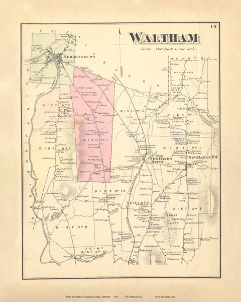 Waltham, Vermont 1871 Old Town Map Reprint - Addison Co. 19