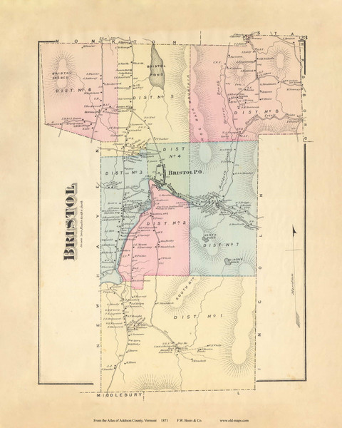 Bristol, Vermont 1871 Old Town Map Reprint - Addison Co. 23