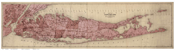 Long Island & NYC - Custom Color RED - 1873 - Beers, Comstock, & Cline - Old Map Reprint - LC