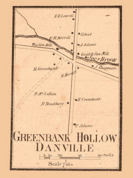 Greenbank Hollow Village, Danville, Vermont 1858 Old Town Map Custom Print - Caledonia Co.