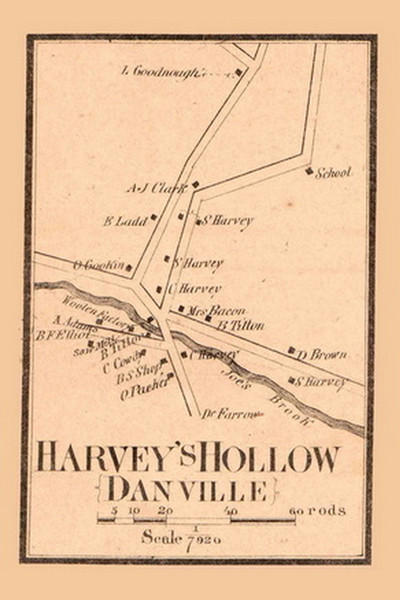Harveys Hollow Village, Danville, Vermont 1858 Old Town Map Custom Print - Caledonia Co.