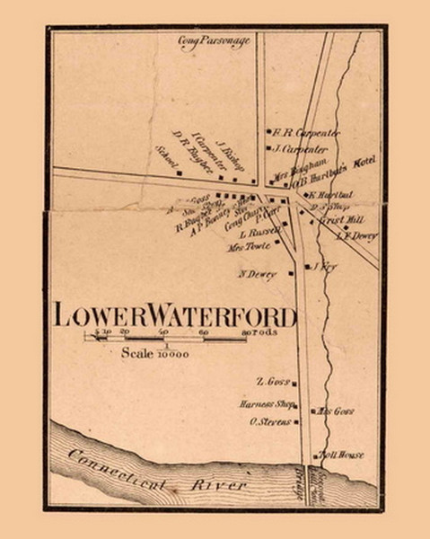 Lower Waterford Village, Waterford, Vermont 1858 Old Town Map Custom Print - Caledonia Co.