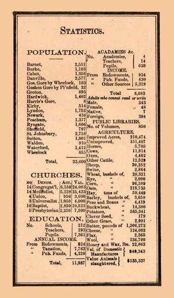 Statistics for Caledonia County, Vermont 1858 Old Town Map Custom Print - Caledonia Co.