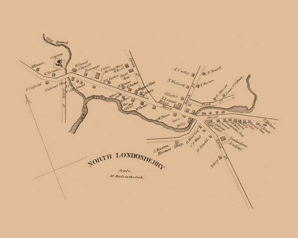 North Londonderry Village, Londonderry, Vermont 1856 Old Town Map Custom Print - Windham Co.