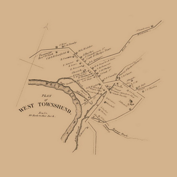 West Townshend Village, Townshend, Vermont 1856 Old Town Map Custom Print - Windham Co.