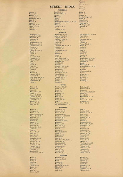 Street Index - Topsfield, Ipswich, Essex, Hamilton & Wenham - Massachusetts 1910 Old Town Map Reprint - Essex Co. 00