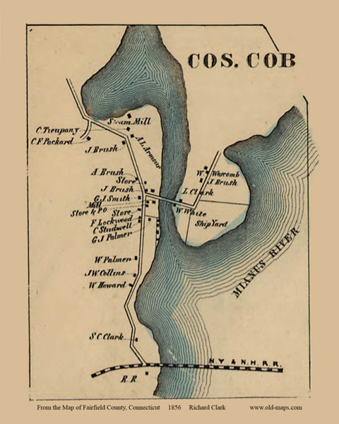 Cos Cob Village, Greenwich, Connecticut 1856 Fairfield Co. - Old Map Custom Print