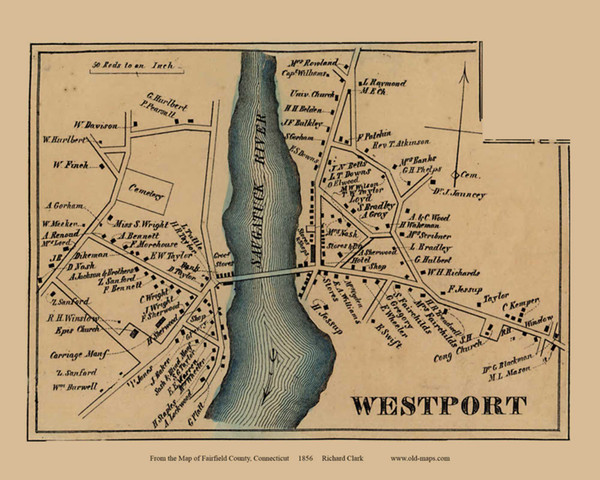 Westport Village, Connecticut 1856 Fairfield Co. - Old Map Custom Print