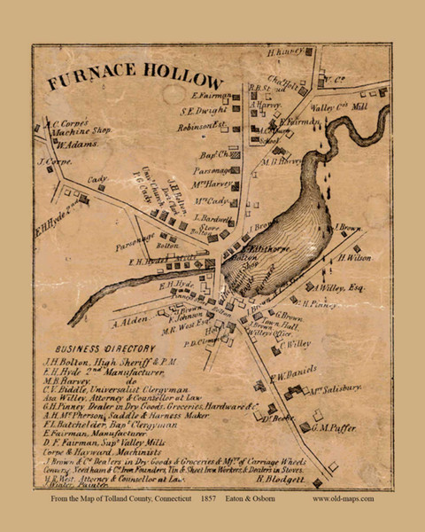 Furnace Hollow - Stafford Connecticut 1857 - Old Town Map Custom Print - Tolland Co. Furnace Hollow - Stafford Connecticut 1857 - Old Town Map Custom Print - Tolland Co.
