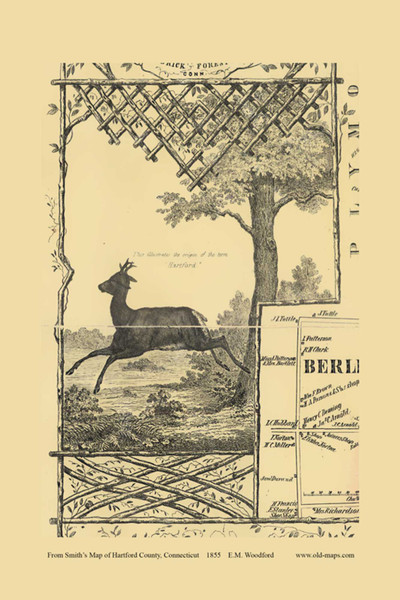 Deer Picture - depicting the origin of the term Hartford - Connecticut 1855 Old Town Map Custom Print - Hartford Co.