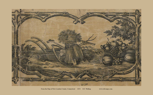 Farm Tools and Fruit Basket -  Connecticut 1854 Old Town Map Custom Print - New London Co.
