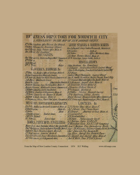 Business Directory - Norwich Connecticut 1854 Old Town Map Custom Print - New London Co.