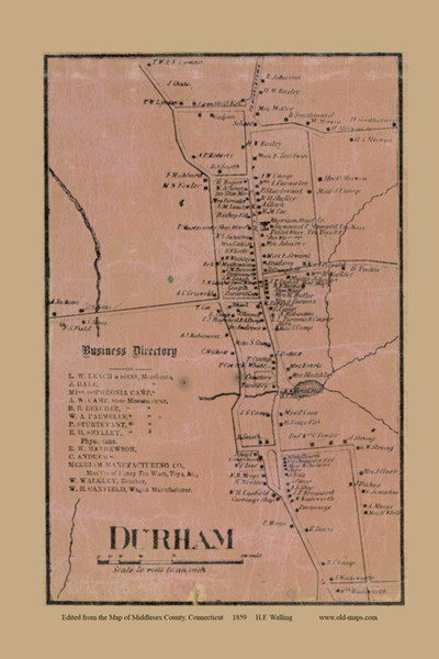 Durham Village - Durham, Connecticut 1859 Middlesex Co. - Old Map Custom Print