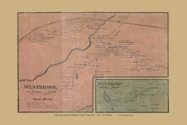 Westbrook and Winthrop Villages - Westbrook, Connecticut 1859 Middlesex Co. - Old Map Custom Print Westbrook and Winthrop Villages - Westbrook, Connecticut 1859 Middlesex Co. - Old Map Custom Print