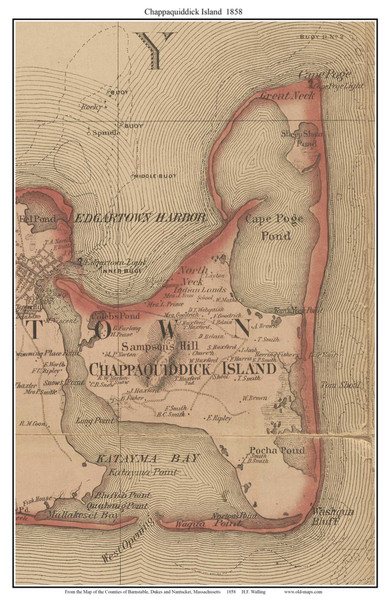 Chappaquiddick Island Excerpt - Edgartown Massachusetts 1858 Old Town Map Custom Print - Dukes Co.