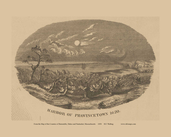 Provincetown Harbor Landscape in 1620 - Massachusetts 1858 Old Town Map Custom Print - Barnstable Co.