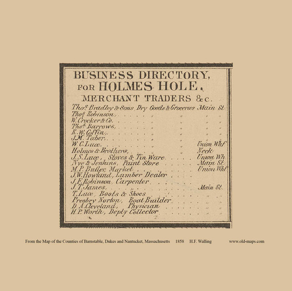 Holmes Hole Business Directory - Tisbury Massachusetts 1858 Old Town Map Custom Print - Dukes Co.