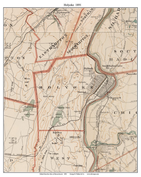 Holyoke, 1891 - Old Town Map Reprint - Hampden Co. - 1891 Atlas of Massachusetts Holyoke, 1891 - Old Town Map Reprint - Hampden Co. - 1891 Atlas of Massachusetts