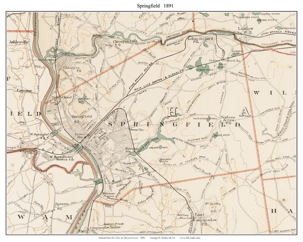 Springfield, 1891 - Old Town Map Reprint - Hampden Co. - 1891 Atlas of Massachusetts Springfield, 1891 - Old Town Map Reprint - Hampden Co. - 1891 Atlas of Massachusetts