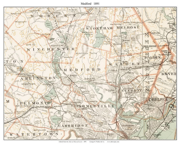 Medford, 1891 - Old Town Map Reprint - Middlesex Co. - 1891 Atlas of Massachusetts Medford, 1891 - Old Town Map Reprint - Middlesex Co. - 1891 Atlas of Massachusetts