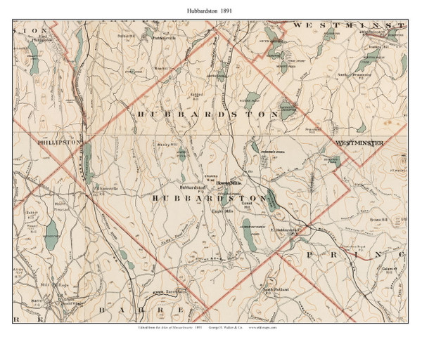 Hubbardston, 1891 - Old Town Map Reprint - Worcester Co. - 1891 Atlas of Massachusetts Hubbardston, 1891 - Old Town Map Reprint - Worcester Co. - 1891 Atlas of Massachusetts